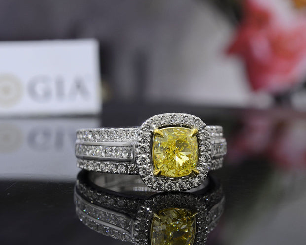  Yellow Canary Cushion Cut Halo Engagement Ring Front View