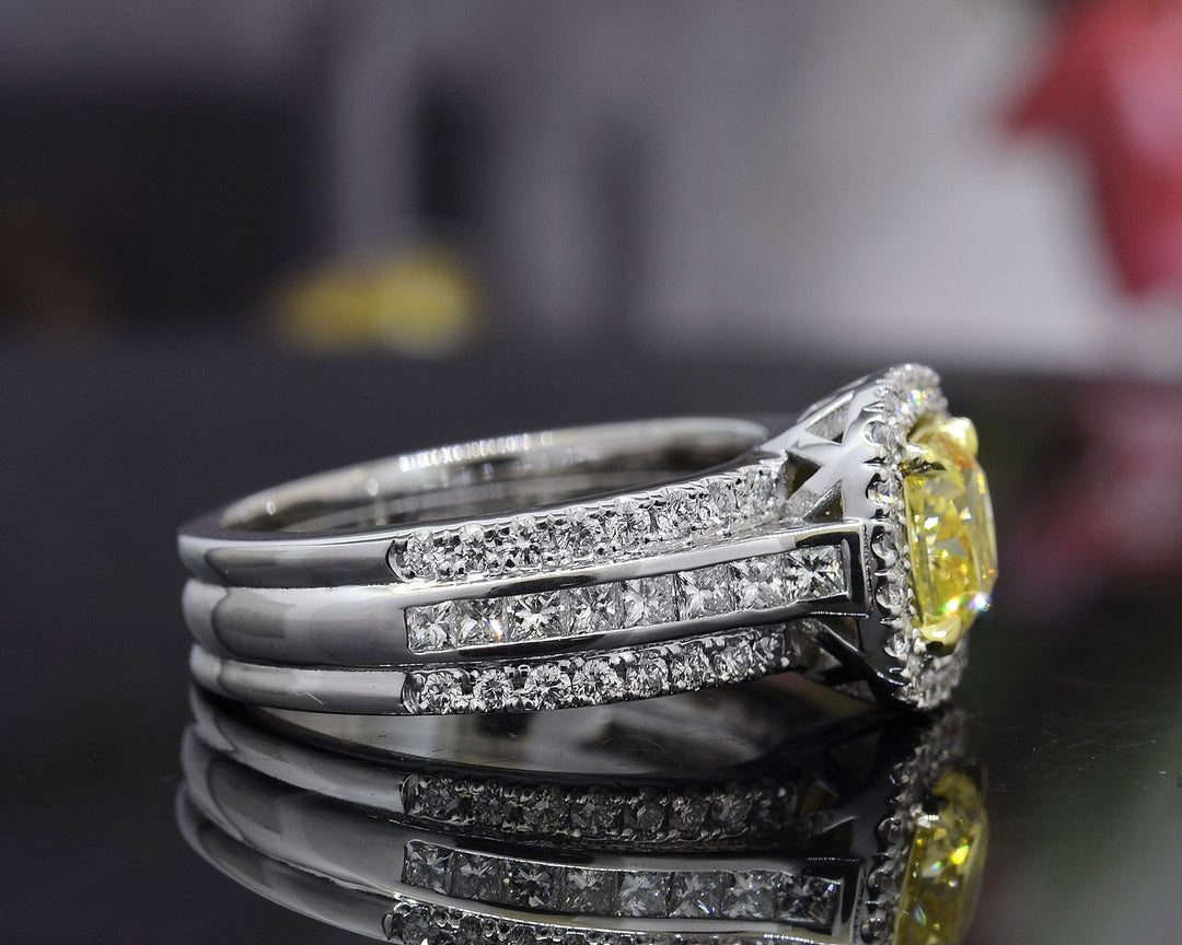  Yellow Canary Cushion Cut Halo Engagement Ring Side View