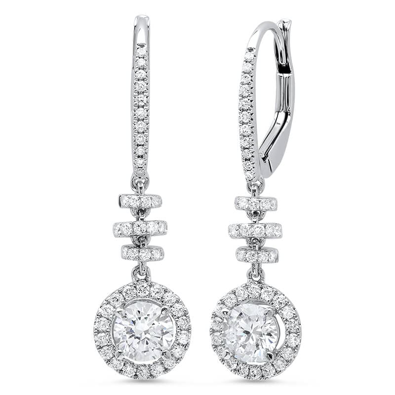 Dangling Lever Back Halo Round Cut Diamond Earrings