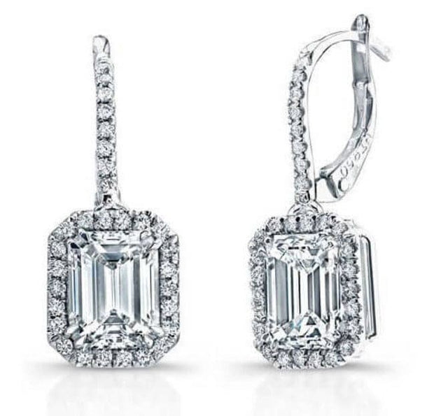 Emerald Cut Lever Back Halo Diamond Earrings