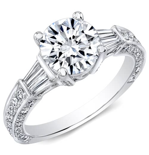 Round cut engagement ring with baguettes