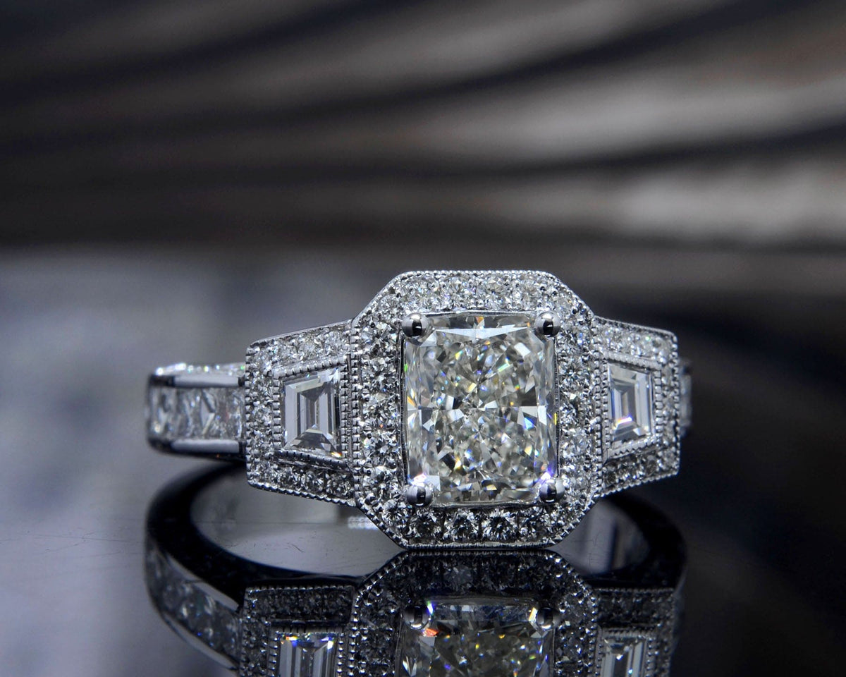 Halo radiant cut engagement ring art deco
