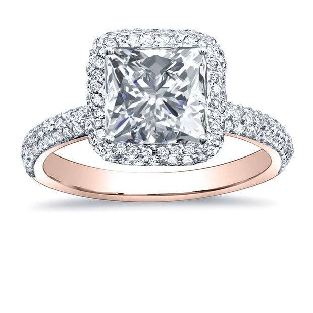Princess Cut Halo Pave Engagement Ring Rose Gold