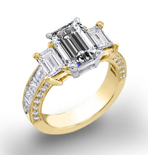 3 stone emerald cut diamond ring with accents yellow gold