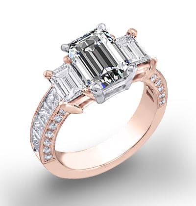 2.80 Ct. 3 Stone Emerald Cut Diamond Ring with Accents H Color VS2 GIA Certified