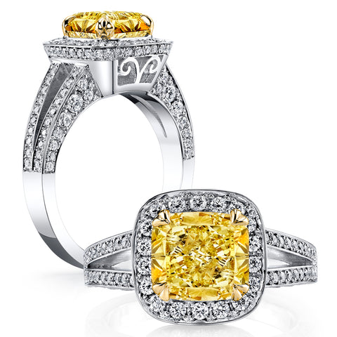 Halo Canary Fancy Light Yellow Cushion Cut Diamond Ring 