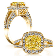 Halo Canary Fancy Light Yellow Cushion Cut Diamond Ring 