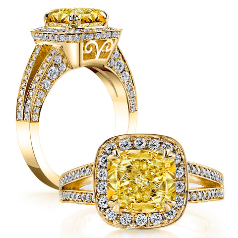 Halo Canary Fancy Light Yellow Cushion Cut Diamond Ring 