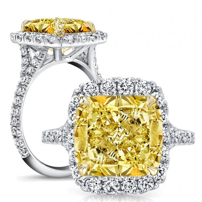 3.40 Ct. Canary Fancy Yellow Cushion Cut Halo Split Shank Diamond Ring VS1 GIA Certified