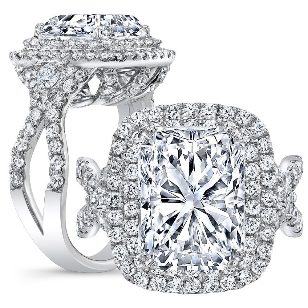 Rectangle radiant cut double halo engagement ring