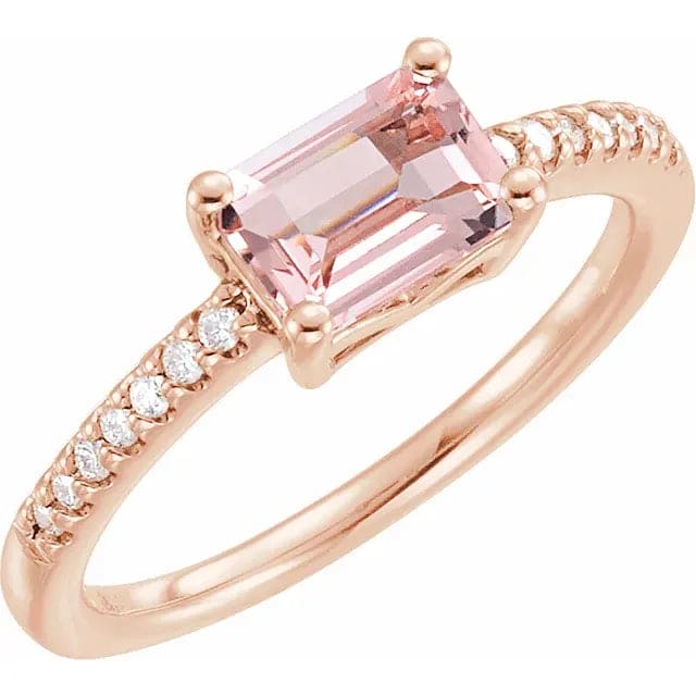 Emerald cut morganite and diamond ring