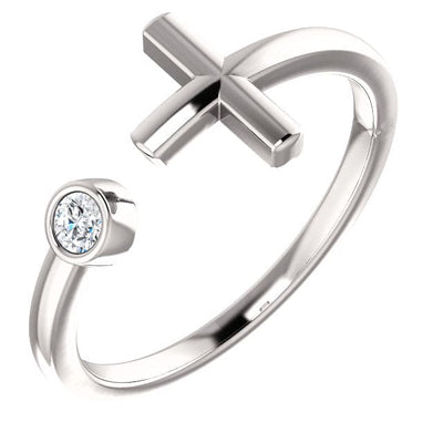 14k white gold bezel diamond cross cuff ring