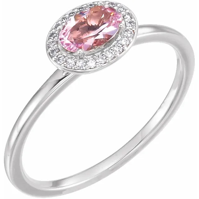 Rose morganite halo diamond ring