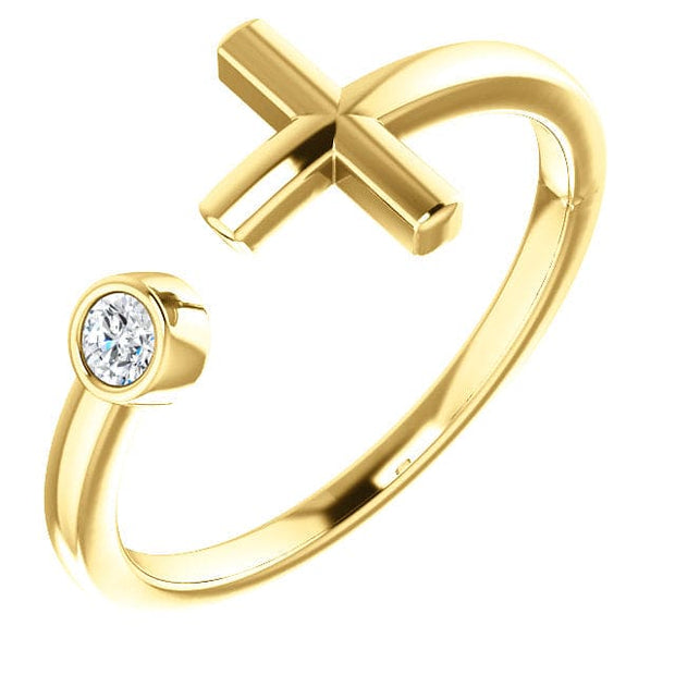 14k yellow gold bezel diamond cross cuff ring