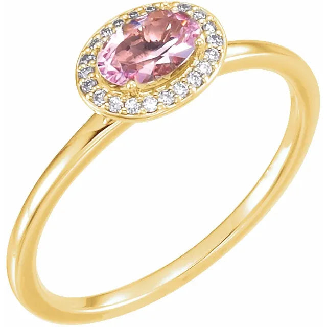 Rose morganite halo diamond ring