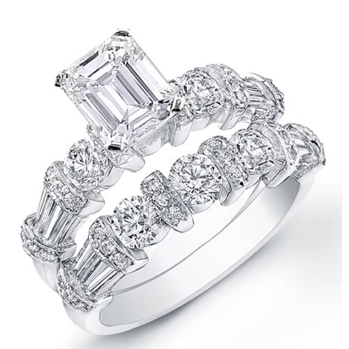 Emerald, baguette & round engagement set