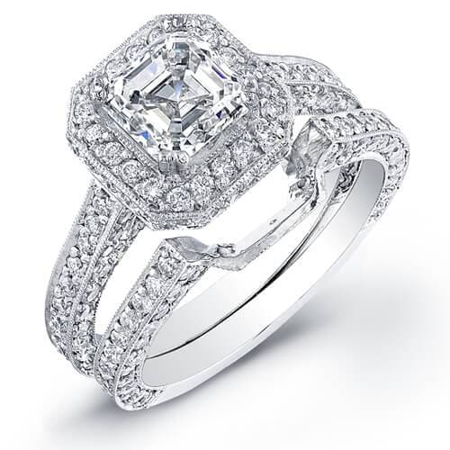 Halo Asscher Cut Pave Engagement Ring Set