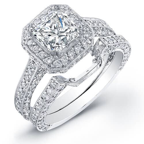 G Color VS2 Princess Cut Halo Diamond Ring Matching Band