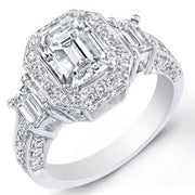 Emerald Cut 3 Stone Halo Engagement Ring