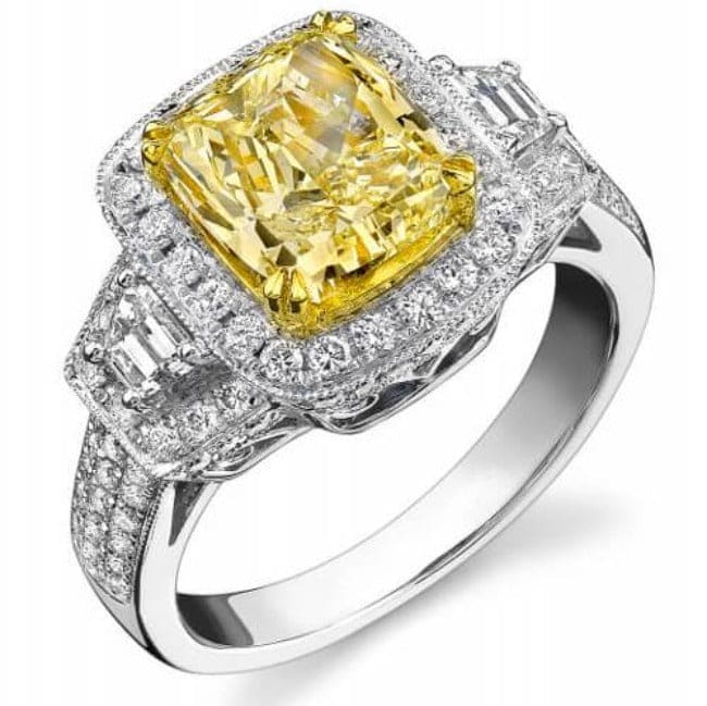 Fancy yellow canary cushion & trapezoid halo diamond ring