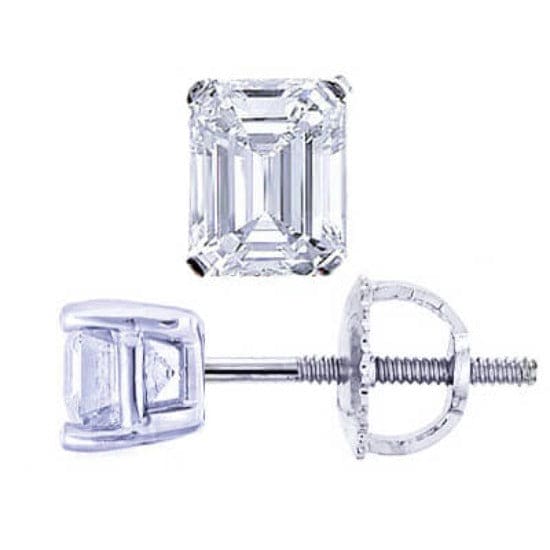 3.00 Ct. Emerald Cut Diamond Stud Earrings screw back white gold