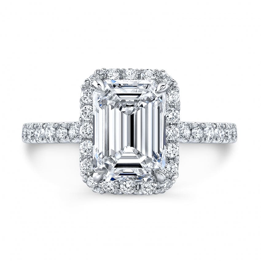 Emerald Cut Halo Engagement Ring, Emerald Cut Diamond Ring, 1.7 Carat 18K White Gold