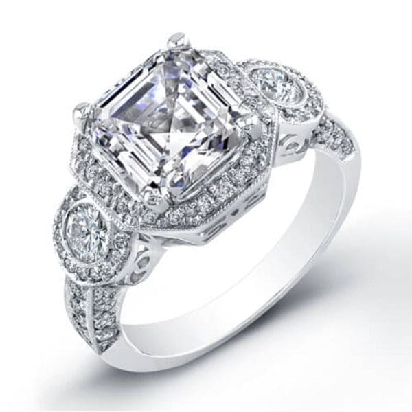 Asscher cut engagement ring 3 stone halo