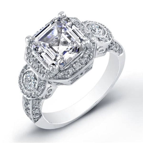 Asscher Cut Engagement Ring 3 Stone Halo
