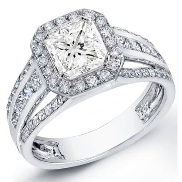 Princess cut halo split shank diamond ring