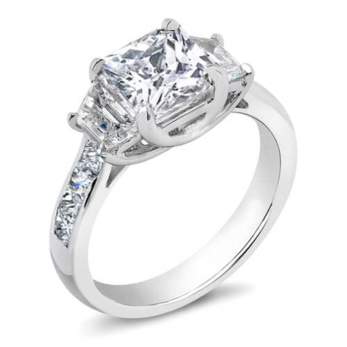 3 stone princess & trapezoids engagement ring