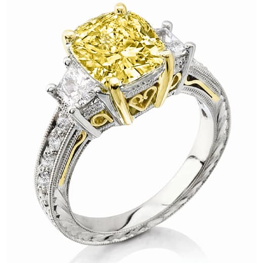 Yellow Cushion Cut Hand-Carved Diamond Ring