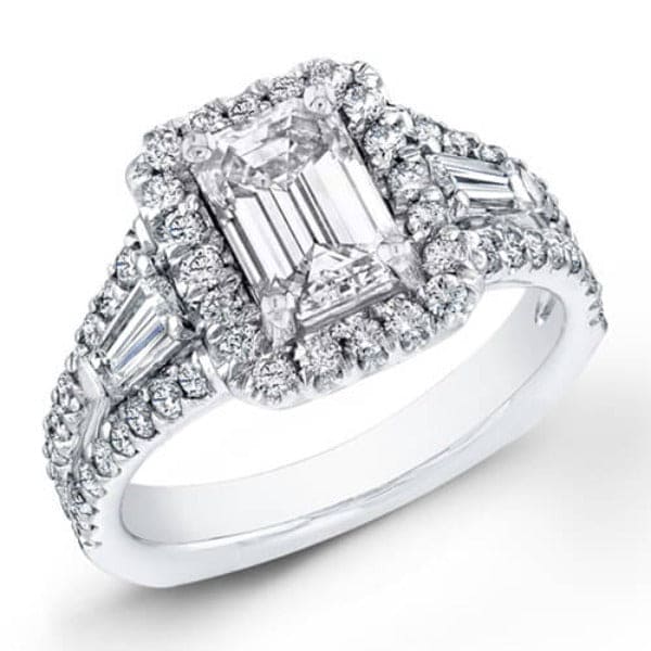 Halo emerald cut diamond ring w baguettes