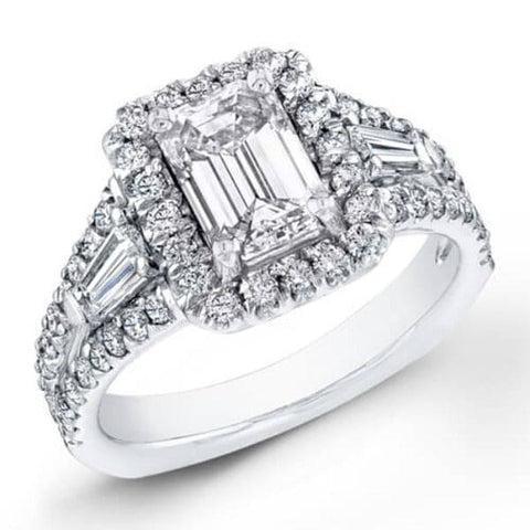 Halo Emerald Cut Diamond Ring w Baguettes