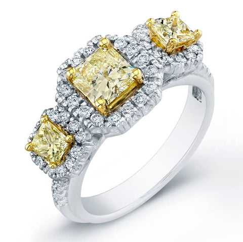 1.70 Ct. Three Stone Canary Fancy Yellow Radiant Cut Diamond Engagement Ring