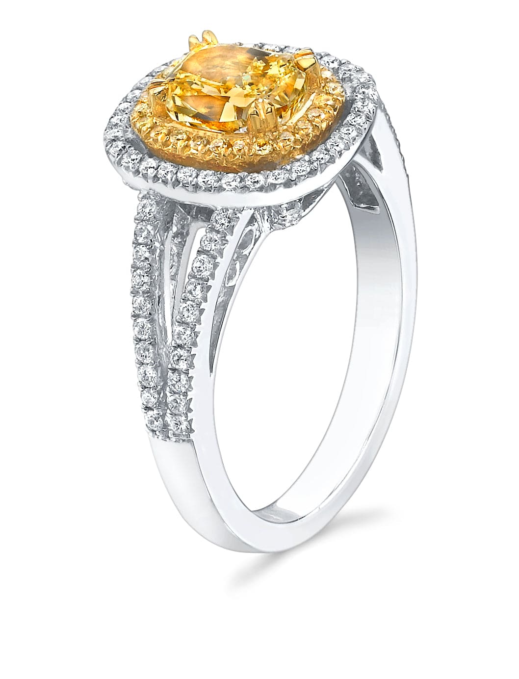 Yellow cushion dual halo engagement ring side view
