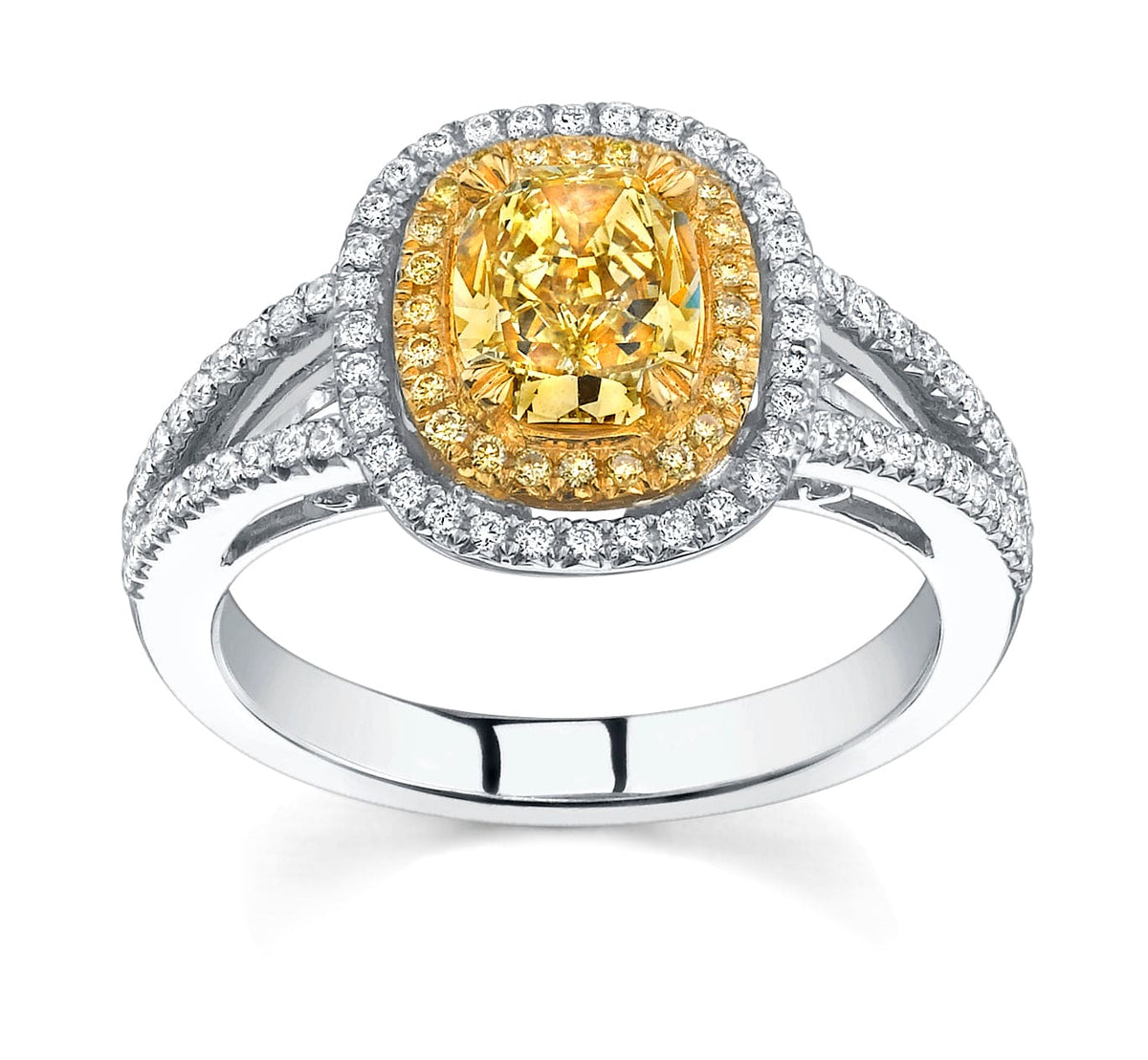 Yellow cushion dual halo engagement ring