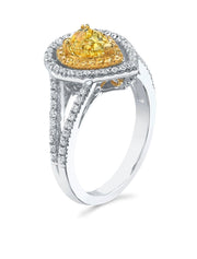 2.20 Ct. Canary Fancy Yellow Pear Cut Dual Halo Diamond Ring VS2 GIA Certified