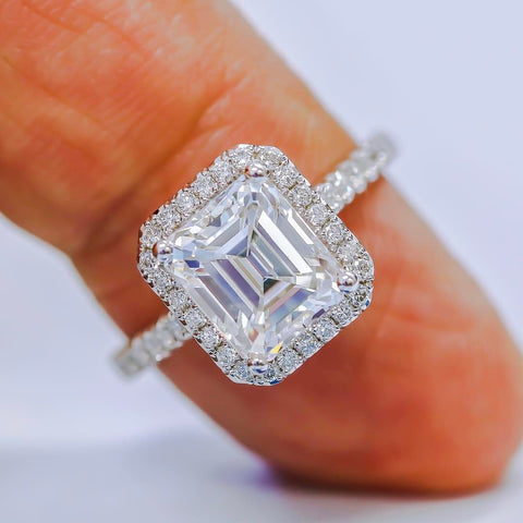 U-Pave Halo Emerald Cut Diamond Ring on Hand