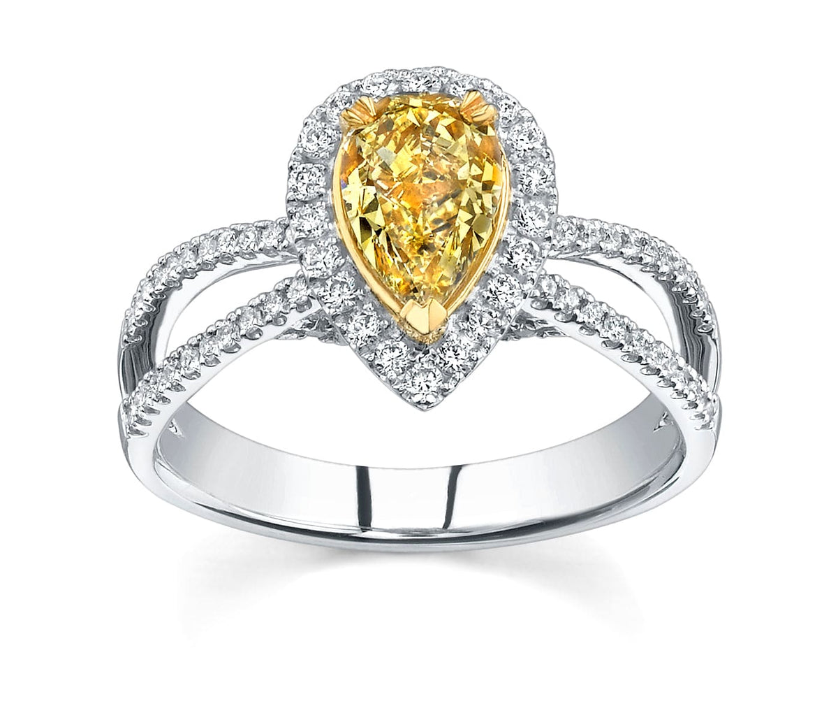 Fancy light yellow pear shaped halo engagement ring