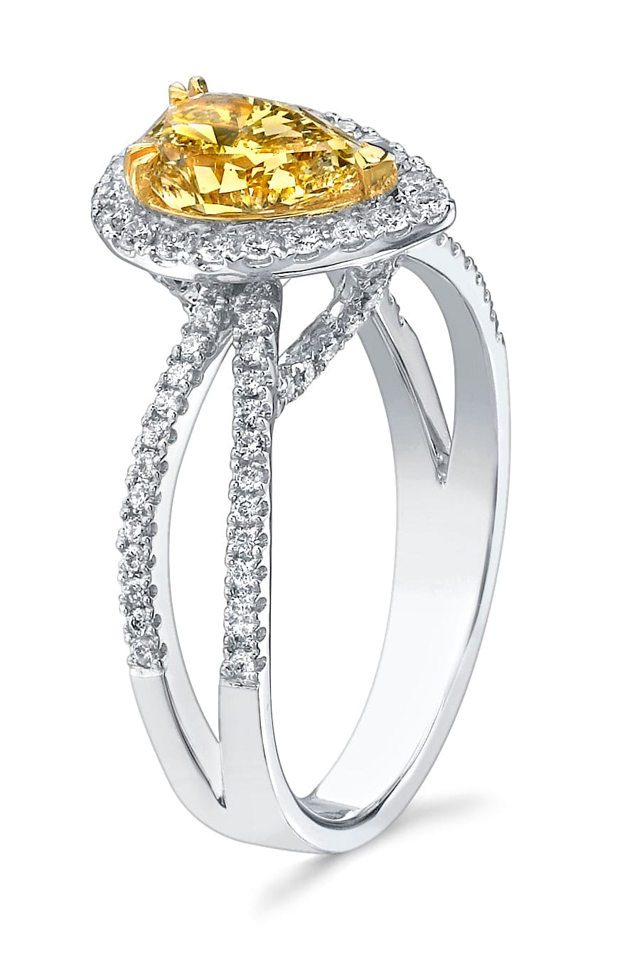Fancy light yellow pear shaped halo engagement ring side profile