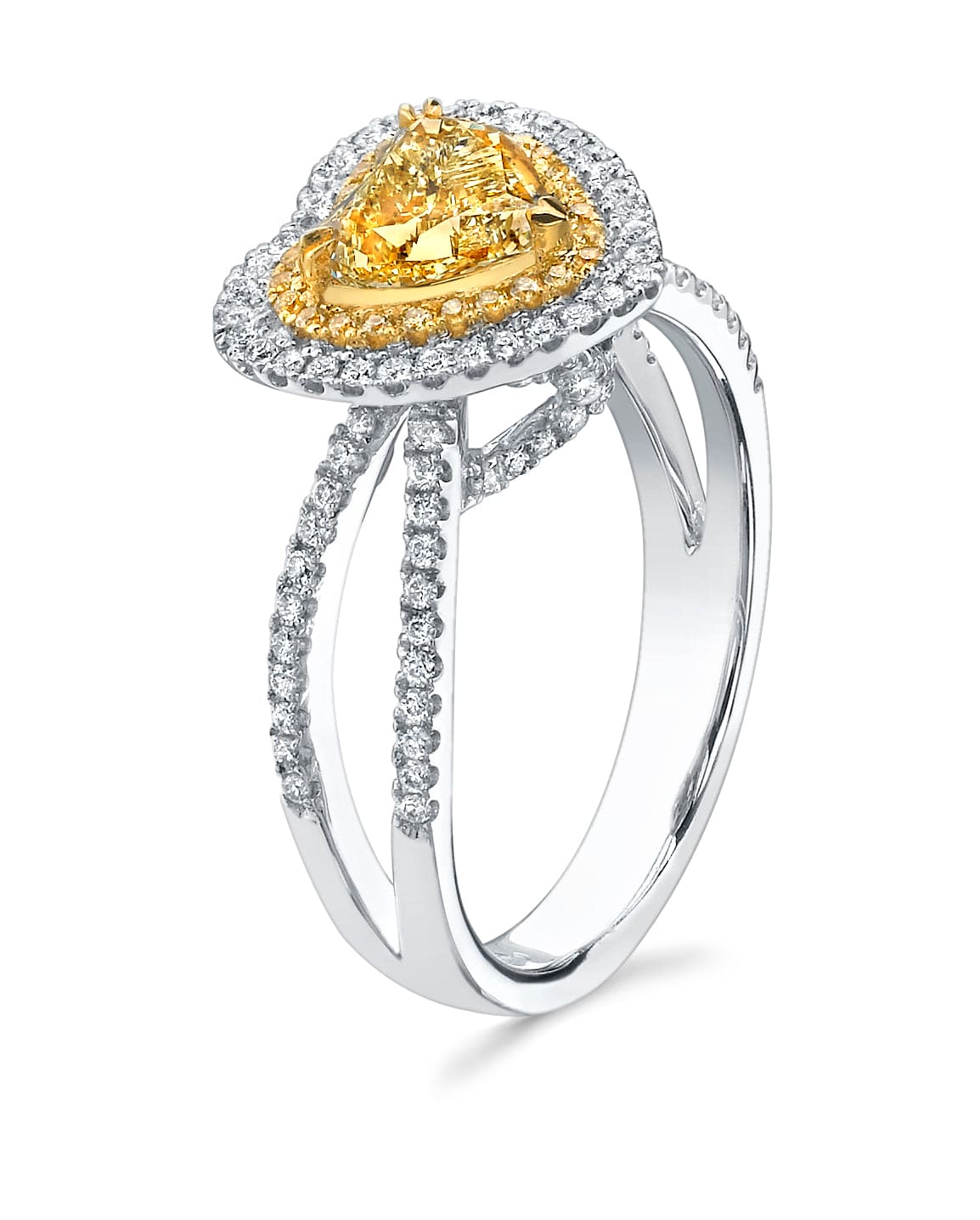 Yellow heart shape halo diamond ring side profile