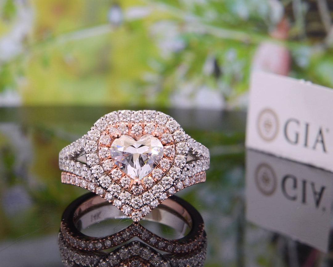 Double Halo Heart Ring Set