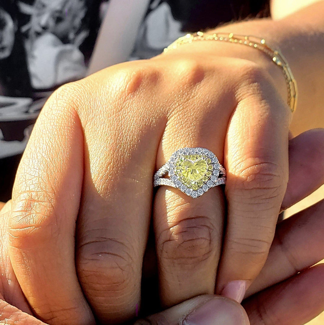 Heart Shape Fancy Yellow Canary Halo Engagement Ring on Hand