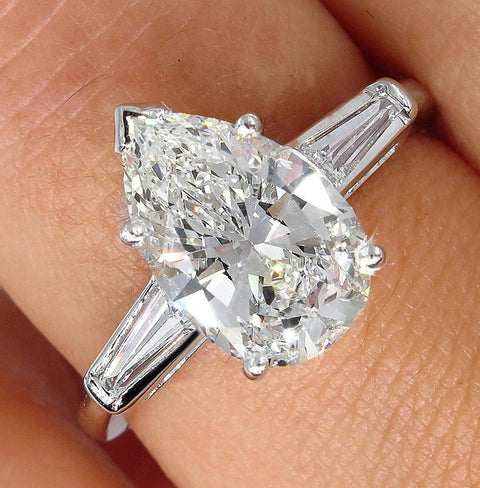 3 Stone Diamond Engagement Ring | Pear Cut w Baguette 