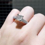 Cushion Cut 3Row Pave Engagement Ring on Hand