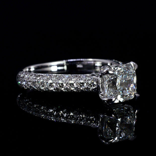 2.50 Ct. Cushion Cut 3Row Pave Engagement Ring H Color VS2 GIA Certified