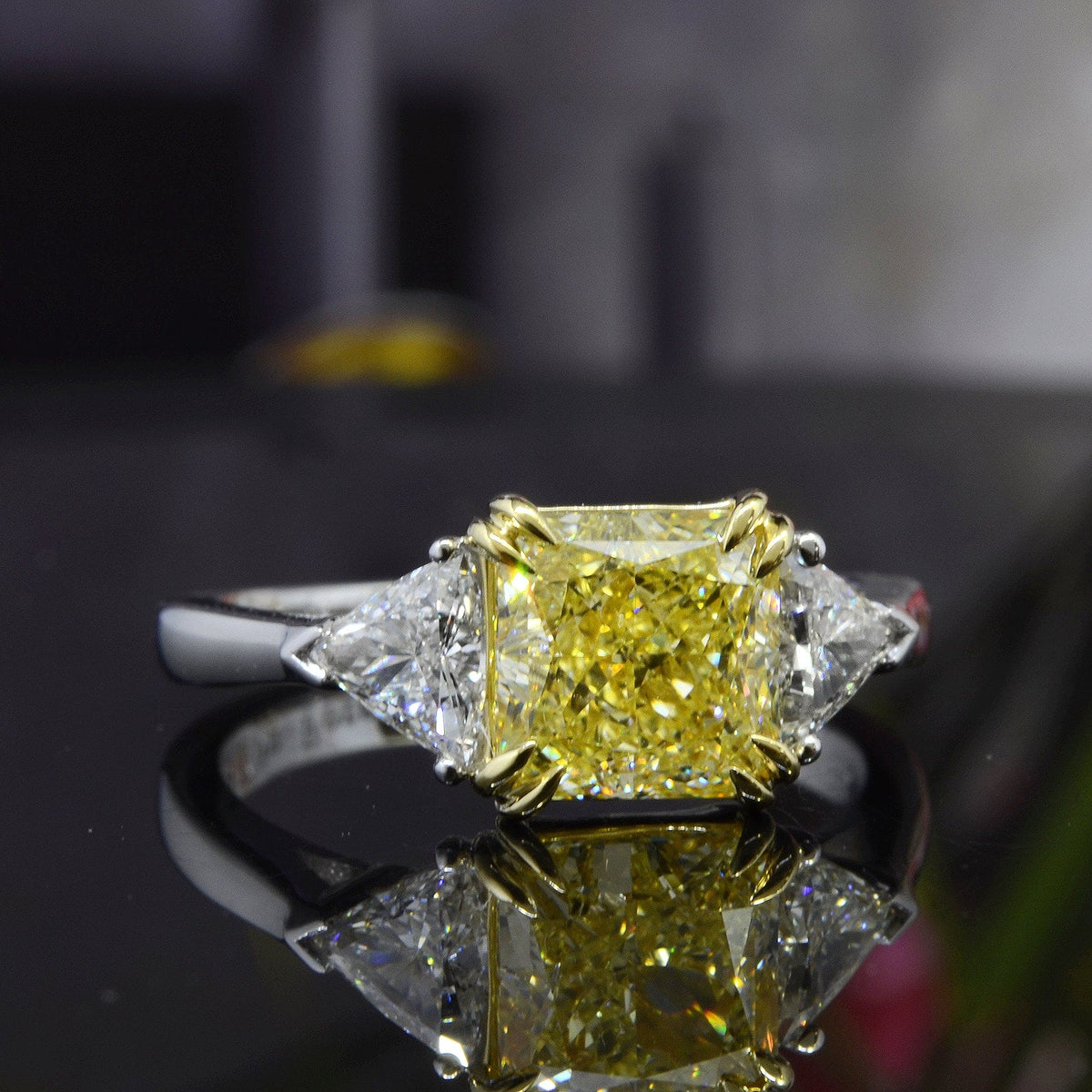 Yellow radiant & trillions 3 stone ring