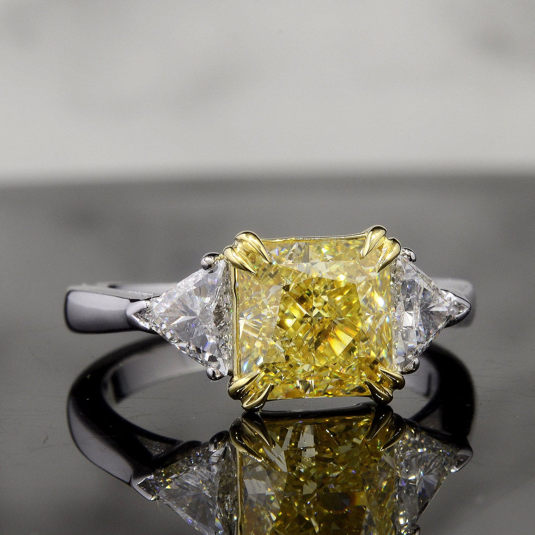 Front View of Three Stone Canary Radiant cut with Trillions on the sides