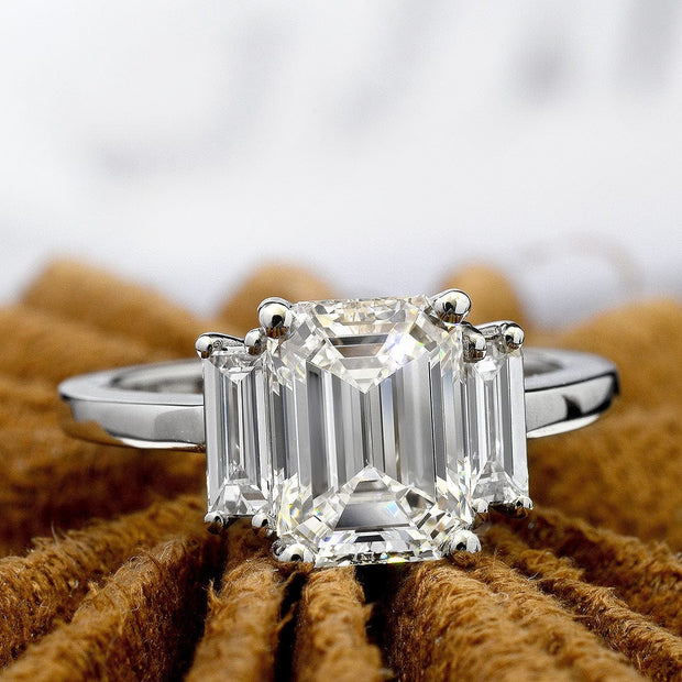 Emerald Cut & Baguette 3 Stone Diamond Ring Natural light