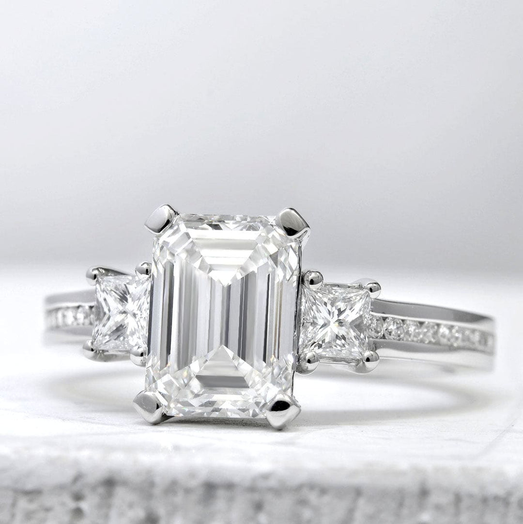3.90 Ct. Emerald & Princess 3 Stone Diamond Ring I Color VVS2 GIA Certified